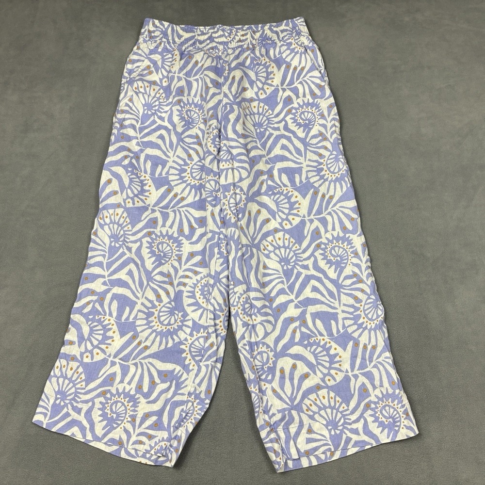 Nicole Miller Medium 100% Linen Crop Pants Blue White Floral Pull On Pockets - Picture 2 of 9